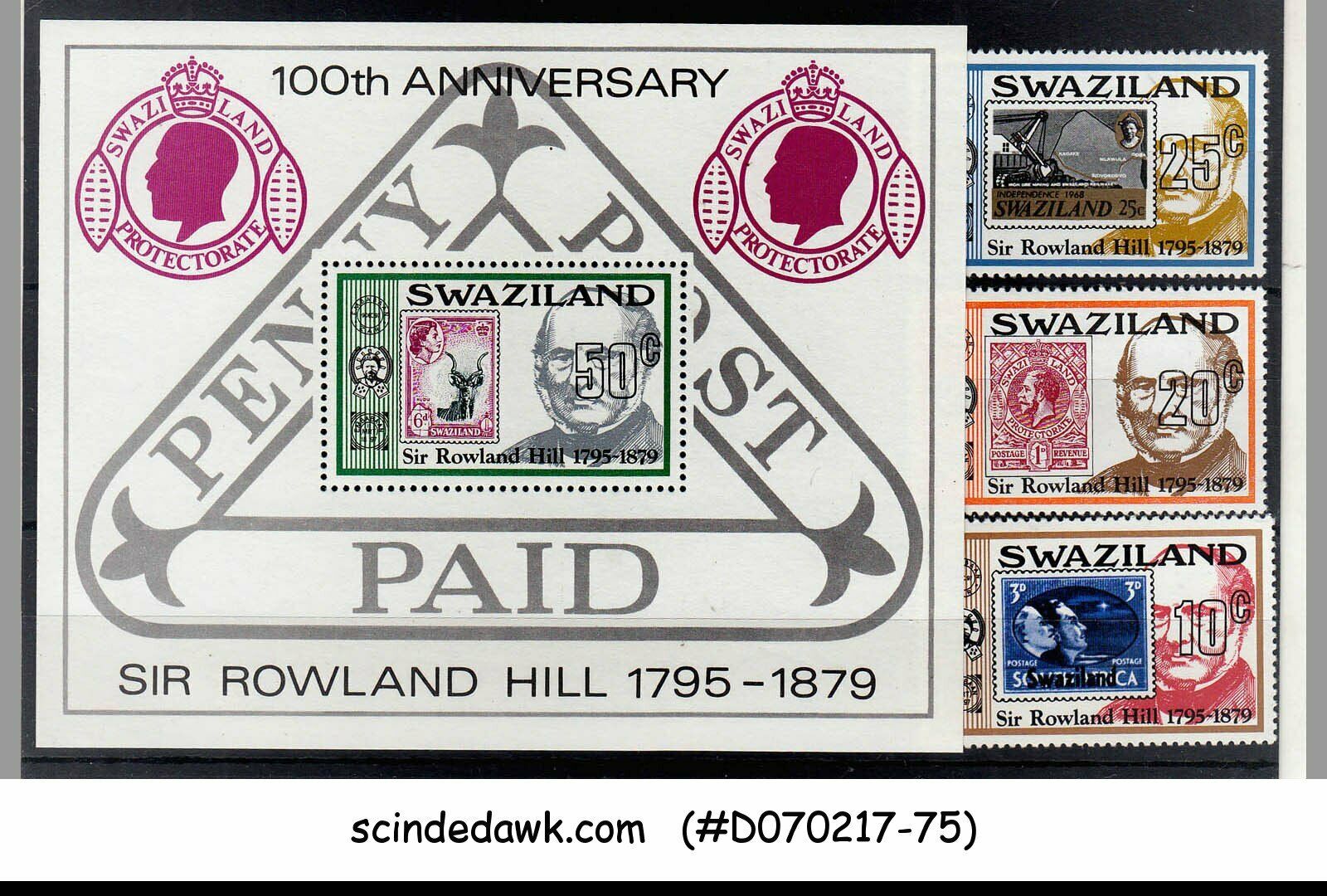 Swaziland - 1979 Death Centenary Of Sir Rowland Hill-3 Stamps And 1-ms Mnh