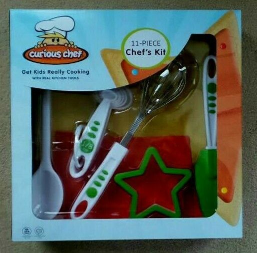 Childs Chef Kit 11-piece Apron Whisk Measuring Cups Cutter + More Curious Chef