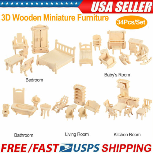 34pcs 3d Wooden Puzzle Diy Miniature Furniture Dollhouse Building Mode Xmas Gift
