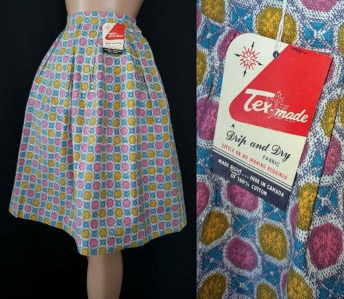 Model Togs Vtg 1950s Heavy Cotton Print Full Skirt Pink Blue Yellow Nos Girls 10