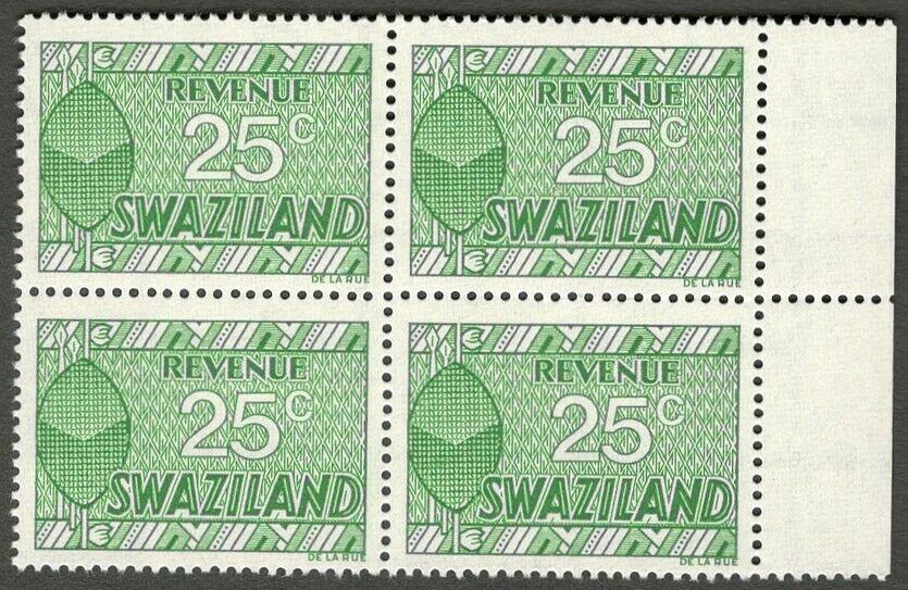 Aop Swaziland Revenue Stamp 1984 25c Mnh Block Of 4 Barefoot #138