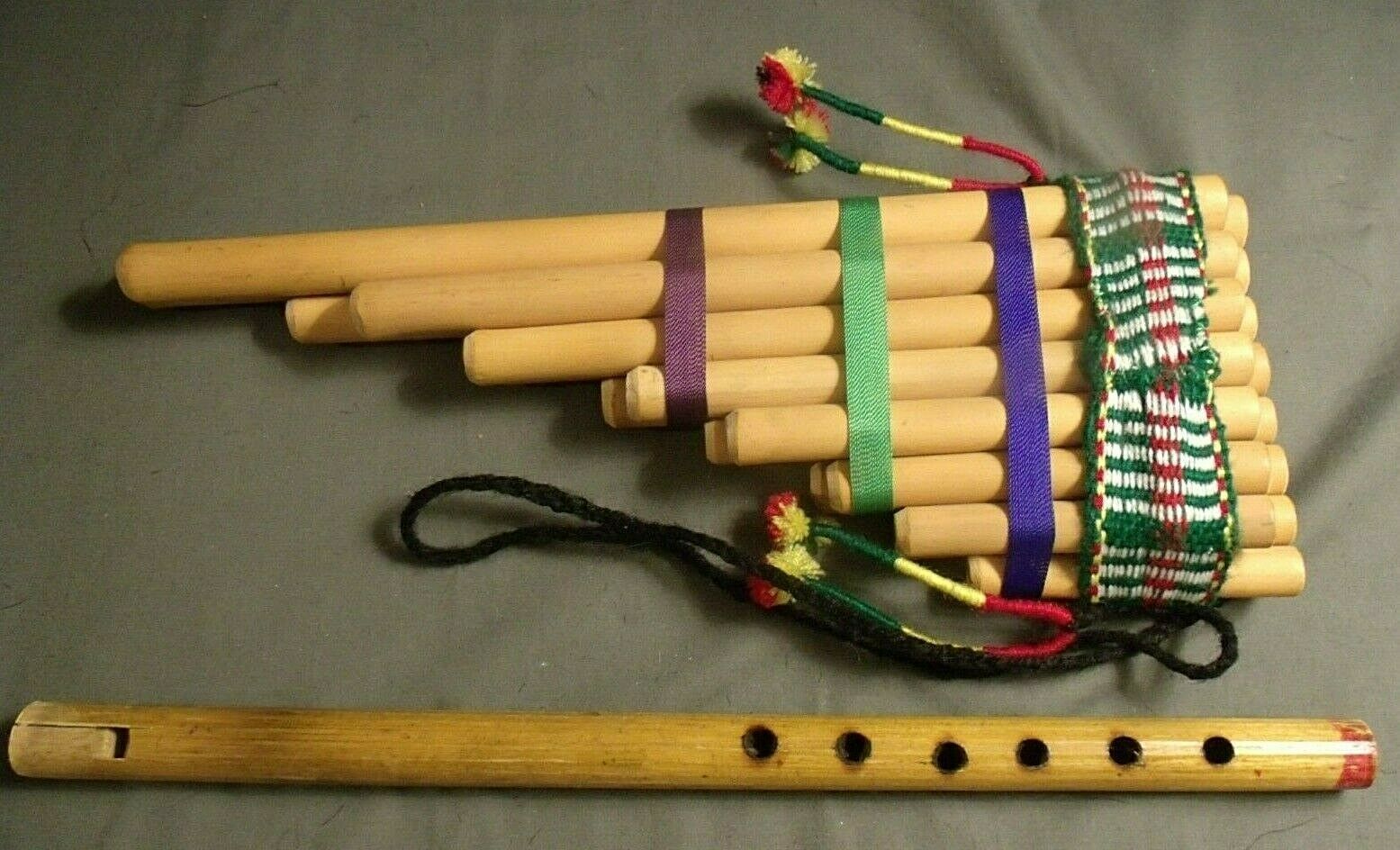 S. American Pan Flute, 15 Bamboo Double Pipes + Bamboo Flute Recorder