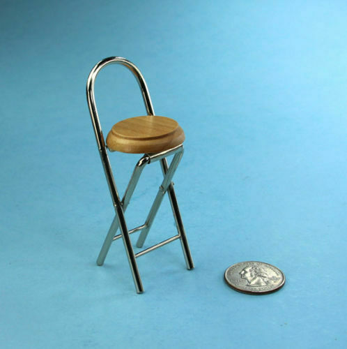 1:12 Scale Dollhouse Miniature Folding Chrome Bar Stool With Wooden Seat #wck43