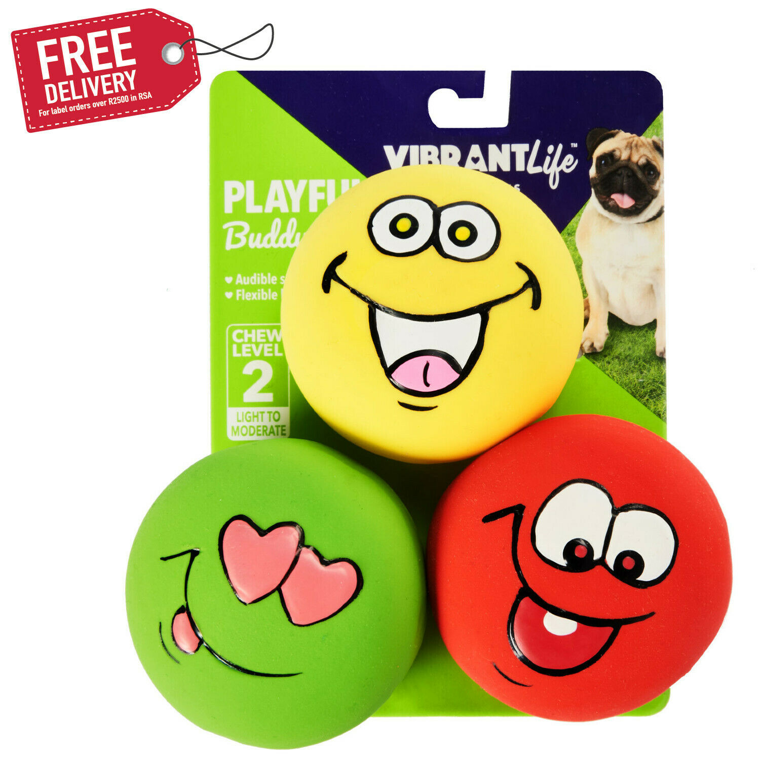 Vibrant Life Playful Buddy Emoticon Best Dog Chew Toy Chew Level 2, 3 Count New