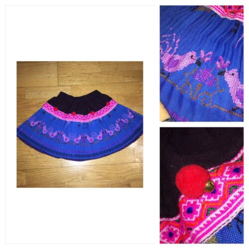 Vtg Ethnic 3t Pleat Skirt Mexican Huipil Embroider Birds Peruvian Pom Pom Bell