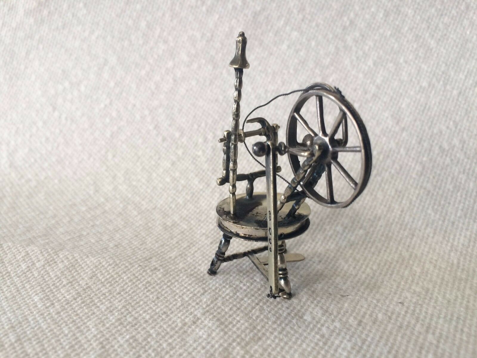 Antique Dutch Silver Miniature Spinning Wheel Doll House Furniture