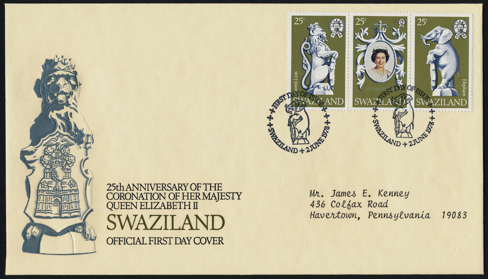 Swaziland 302a-c On Addressed Fdc - Queen Elizabeth 25th Anniv Coronation