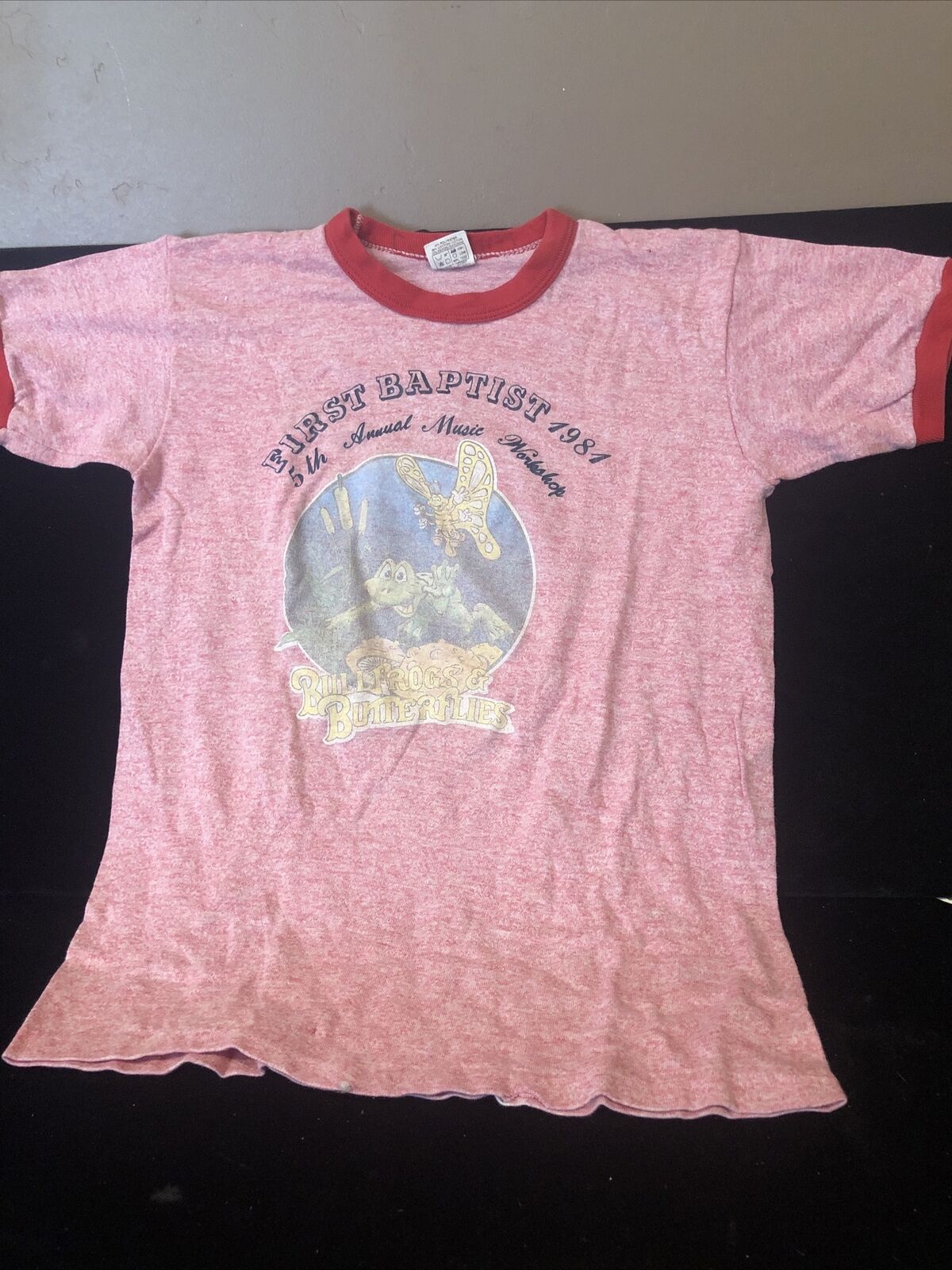 Vintage 1981 First Baptist T-shirt Youth Size Large Bullfrogs Butterflies