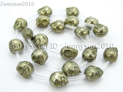 Natural Pyrite Gemstone Hand Carved Skull Loose Beads 16'' 6mm 8mm 10mm 12mm